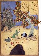 The saintly Bishr fishes up the corpse of the blaspheming Malikha from the magic well which is the fount fo life Bihzad